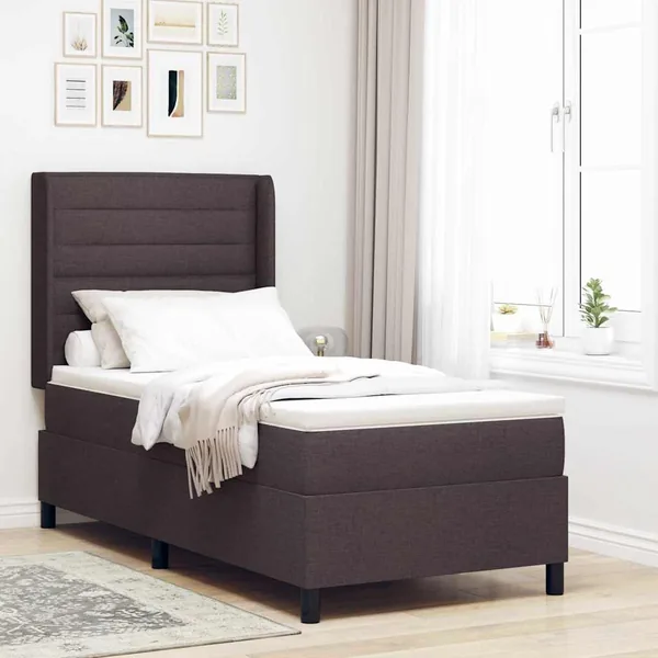Lit à ressort LED avec matelas Marron foncé 100 x 200 cm tissu