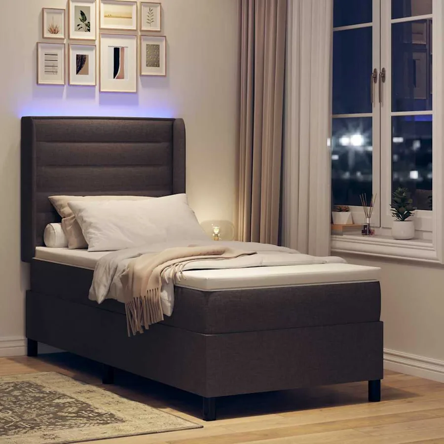 Lit à ressort LED avec matelas Marron foncé 100 x 200 cm tissu - 5