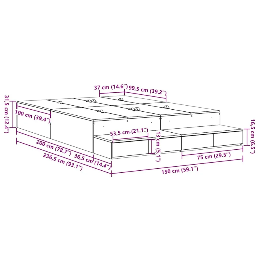Cadre de lit avec rangement Chêne noir 150 cm Bois d'ingénierie - 11