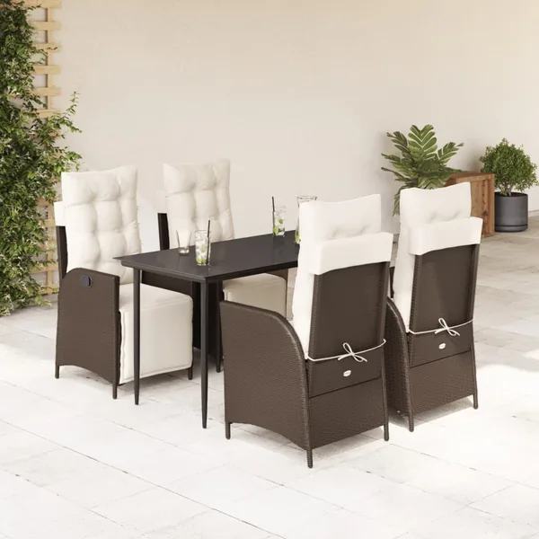 Ensemble à manger de jardin 5 pcs et coussins marron poly rotin