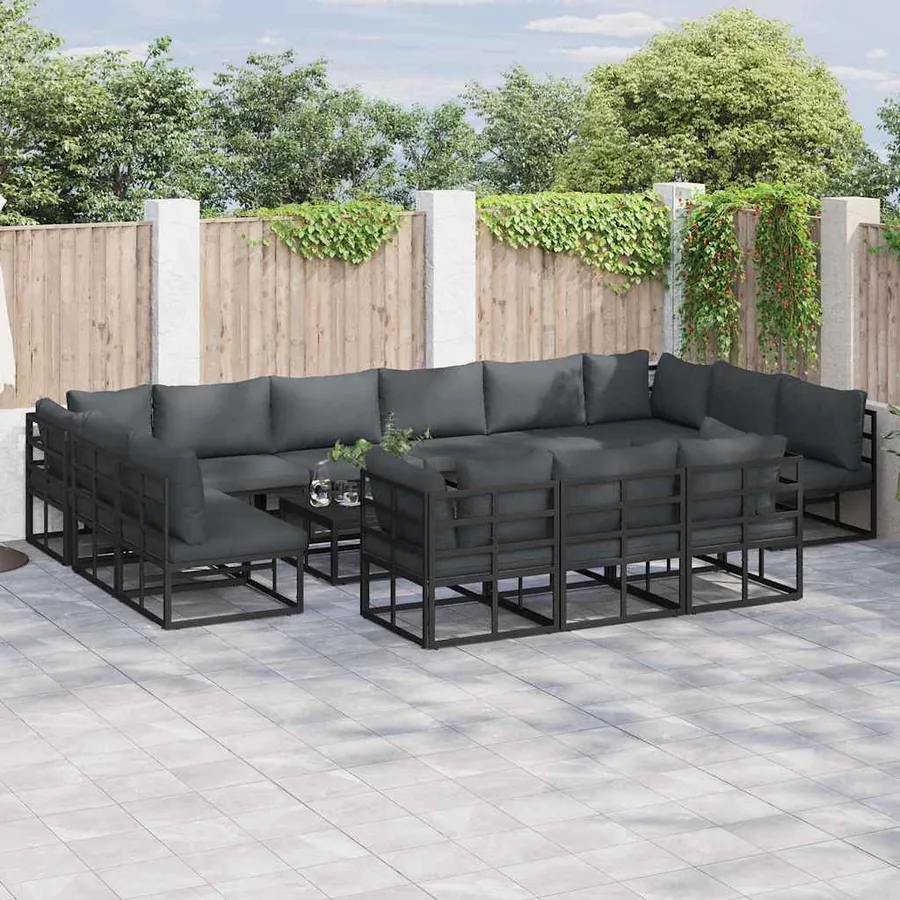 Ensemble de canapé de jardin avec coussin 14 pcs Noir Aluminium