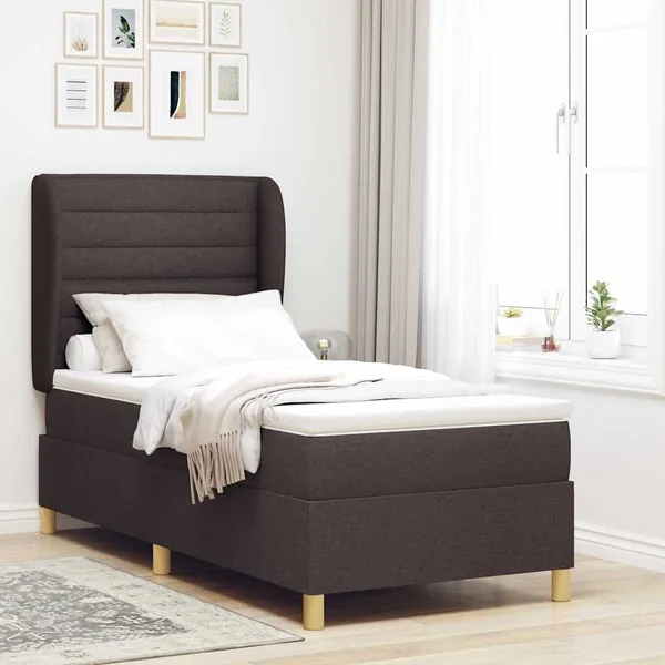 Lit à ressorts avec matelas Marron foncé 200 x 90 cm tissu