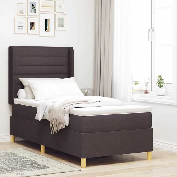 Lit à ressorts avec bandes LED Marron 90 x 200 cm tissu