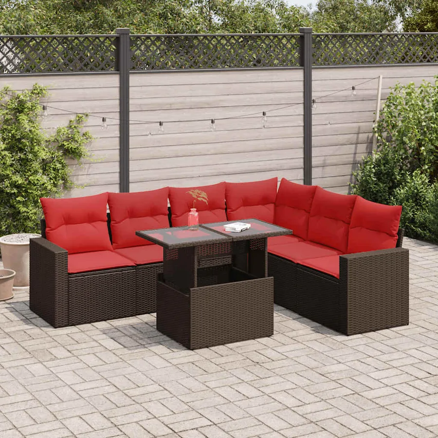Salon de jardin avec coussins 7 pcs gris résine tressée acacia