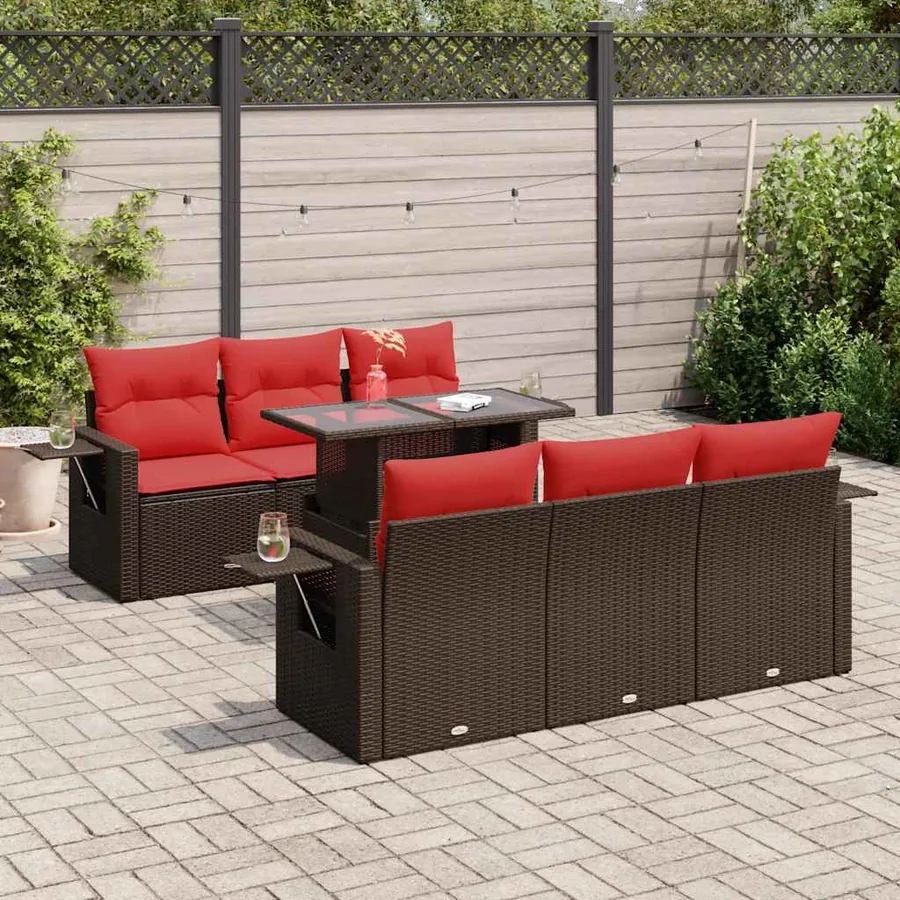 Salon de jardin avec coussins 7 pcs marron résine tressée acacia