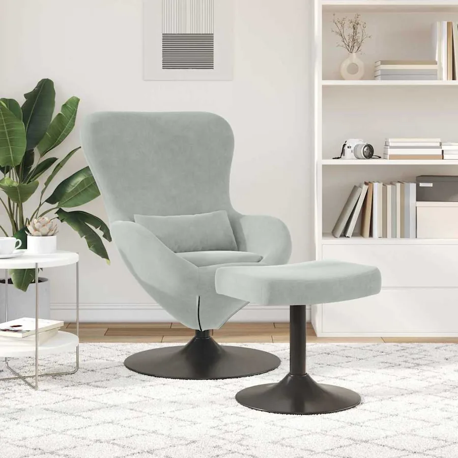 Chaise Œuf avec Pouf Gris clair Velours - 3