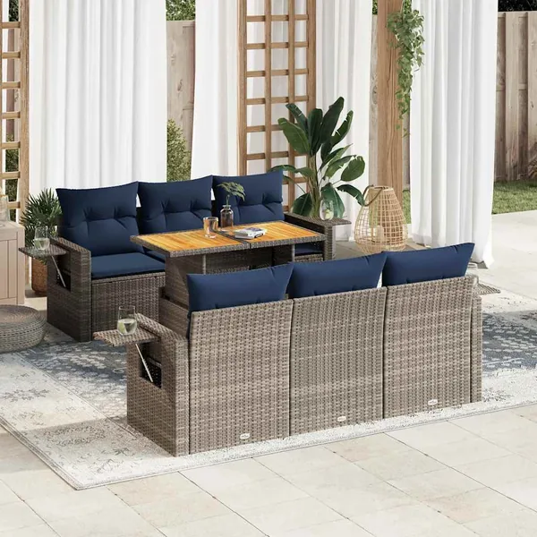 Salon de jardin avec coussins 7 pcs gris résine tressée