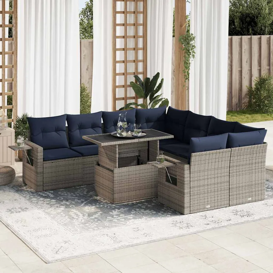 Salon de jardin avec coussins 9 pcs gris résine tressée acacia