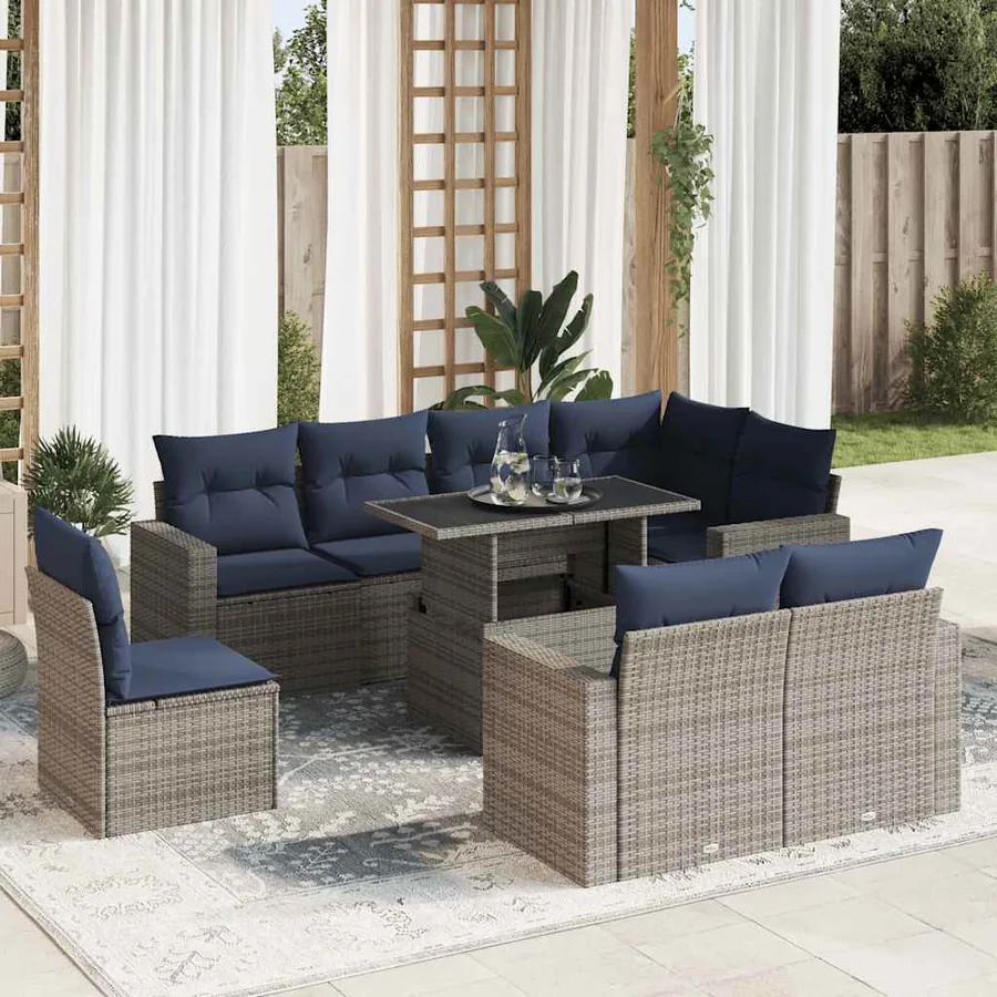 Salon de jardin avec coussins 9 pcs gris résine tressée acacia
