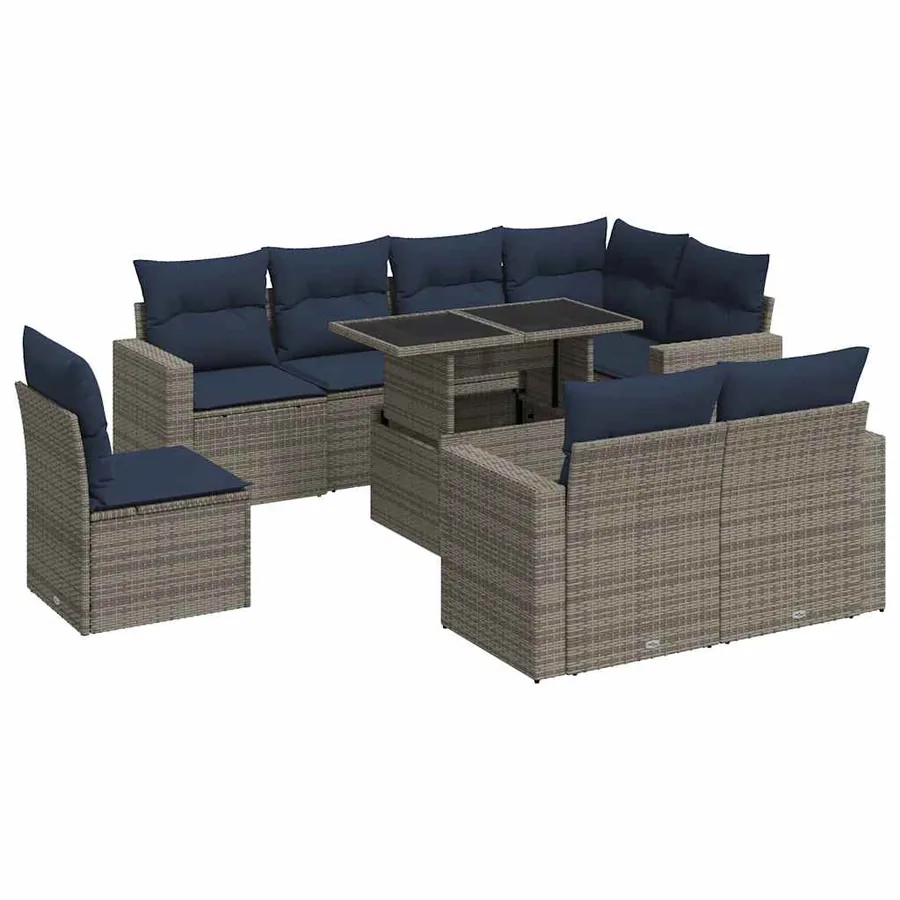 Salon de jardin avec coussins 9 pcs gris résine tressée acacia - 2