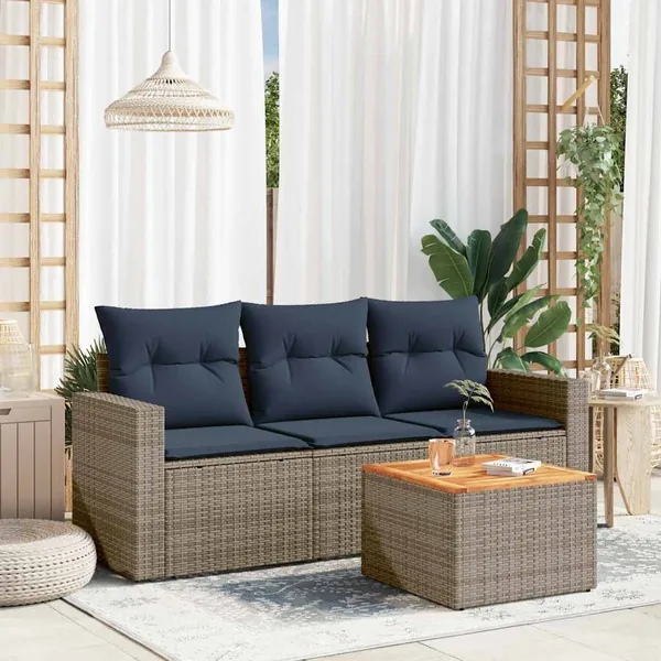 Salon de jardin 4 pcs avec coussins gris résine tressée