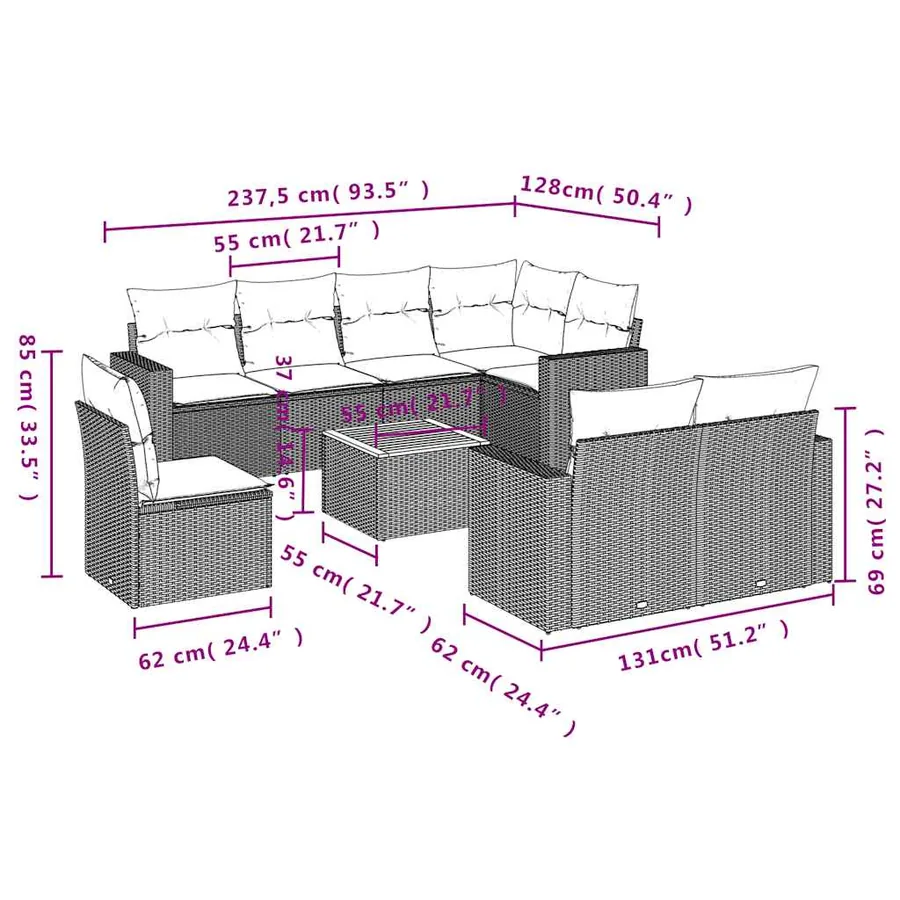 Salon de jardin 9 pcs avec coussins gris résine tressée - 12