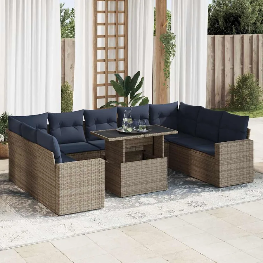 Salon de jardin avec coussins 10 pcs gris résine tressée acacia