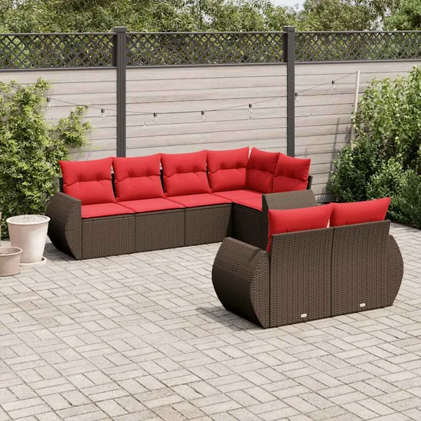 Ensemble de canapé de jardin 7 pcs avec coussins marron résine tressée