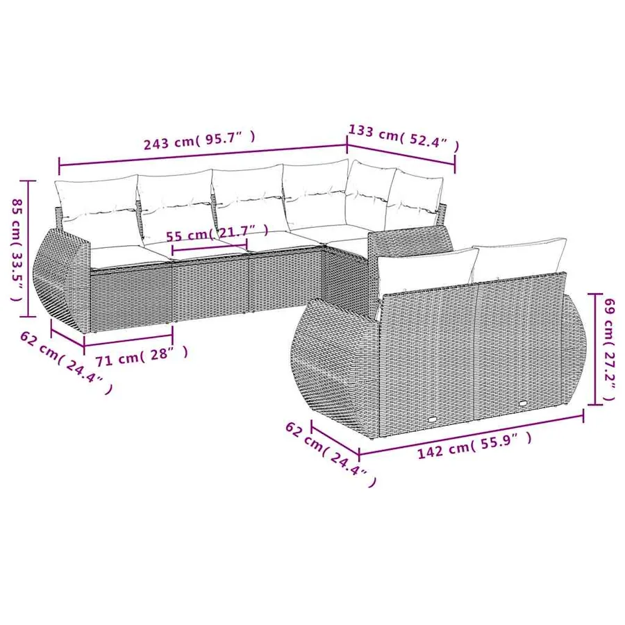 Ensemble de canapé de jardin 7 pcs avec coussins marron résine tressée - 7