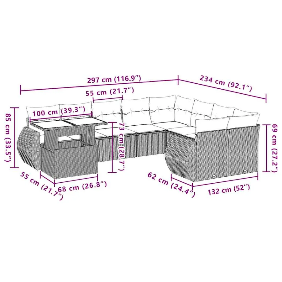 Ensemble de canapé de jardin 10 pcs avec coussins marron résine tressée - 10