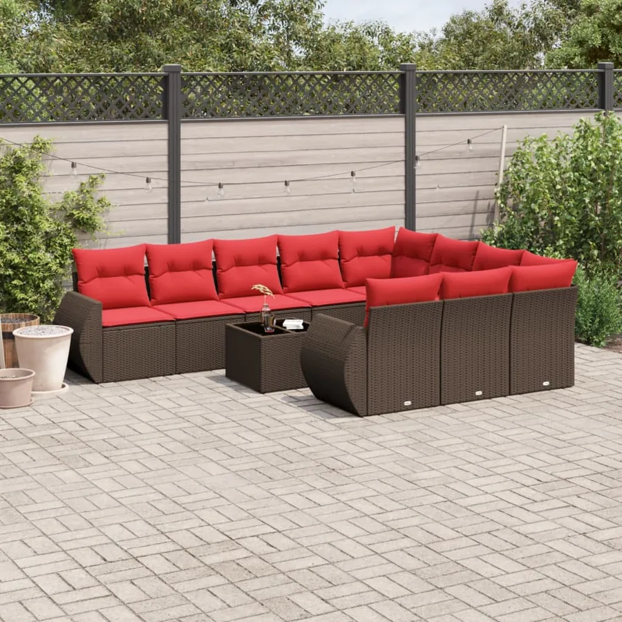 Ensemble de canapé de jardin 11 pcs avec coussins marron résine tressée
