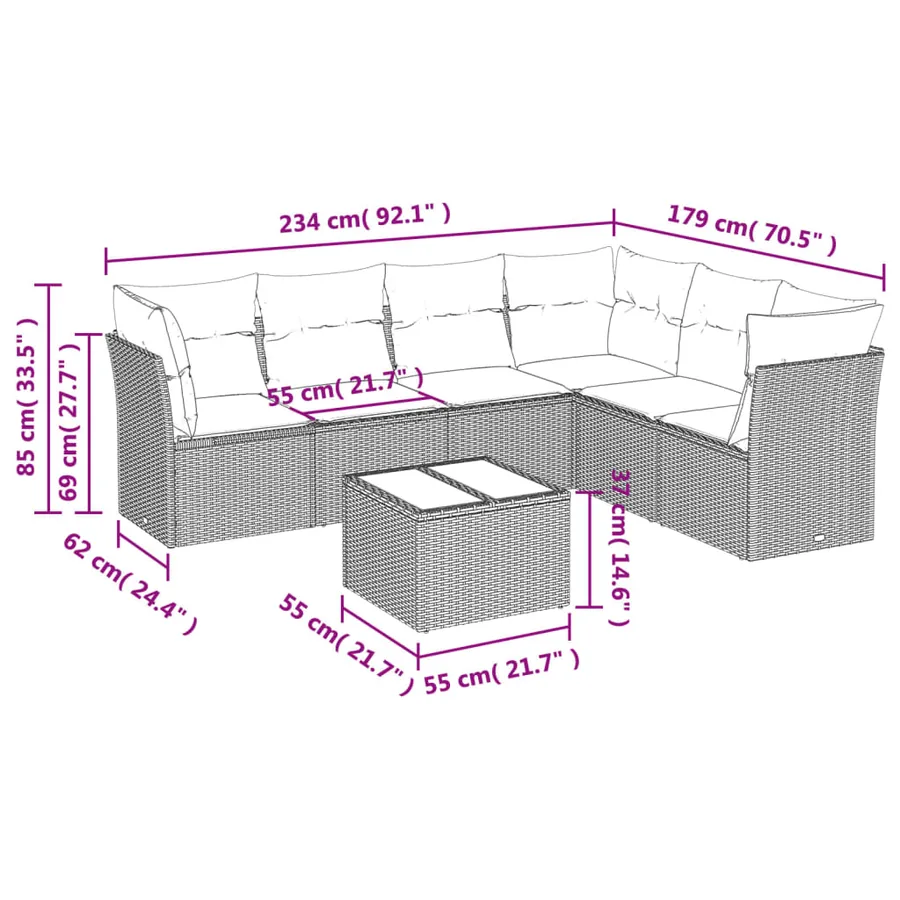 Ensemble de canapé de jardin 7 pcs avec coussins gris résine tressée - 7