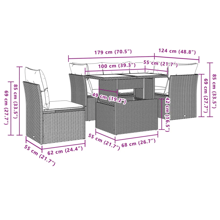 Ensemble de canapé de jardin 6 pcs avec coussins gris résine tressée - 9