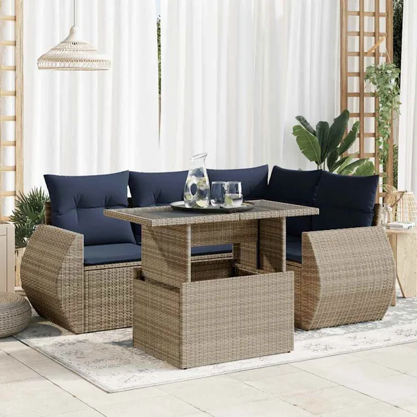 Salon de jardin 5 pcs avec coussins gris résine tressée acacia