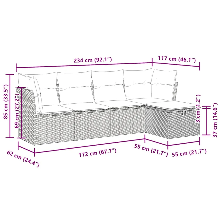 Salon de jardin 5 pcs avec coussins gris résine tressée - 11