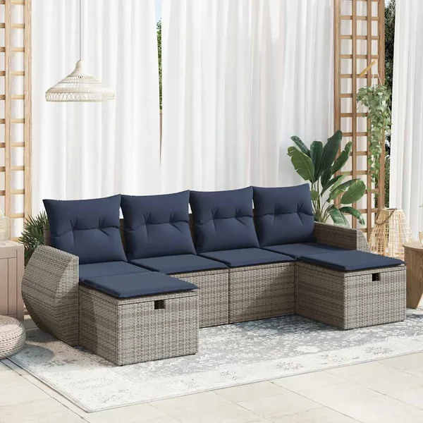 Salon de jardin 6 pcs avec coussins gris résine tressée