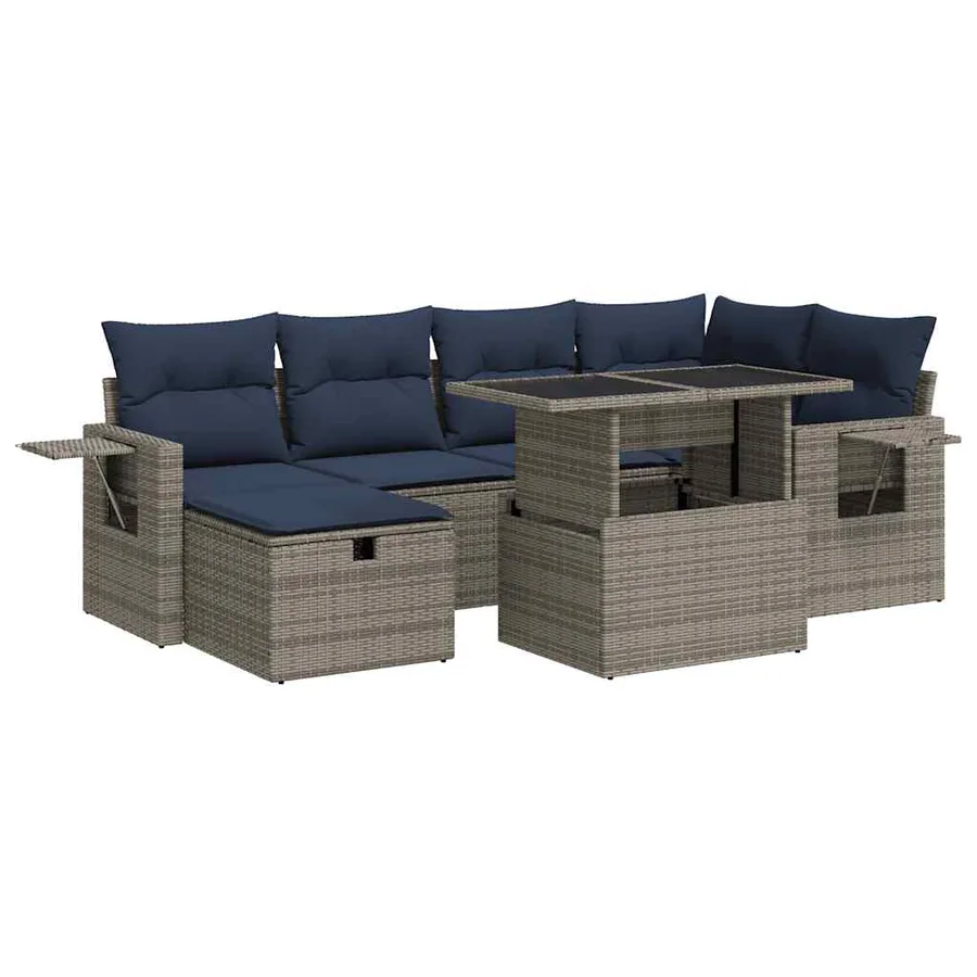 Salon de jardin avec coussins 7pcs gris résine tressée acacia - 2