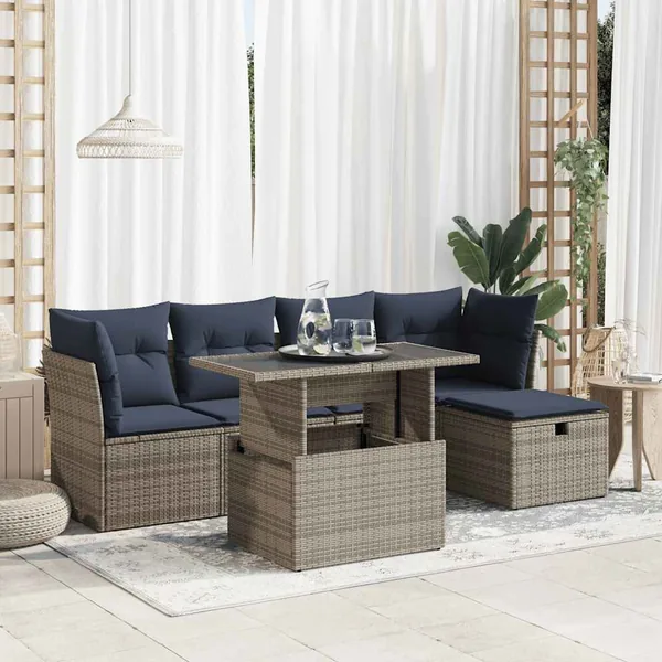 Salon de jardin avec coussins 6 pcs gris résine tressée acacia