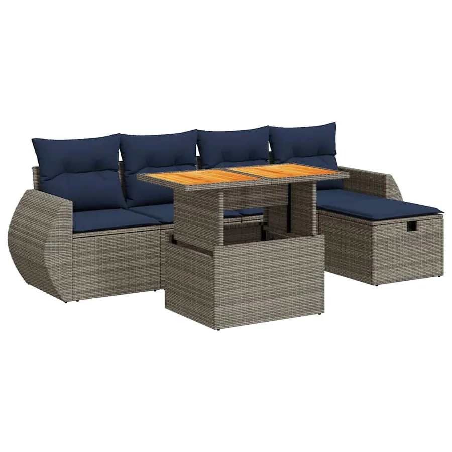Salon de jardin 6 pcs avec coussins noir résine tressée acacia - 2