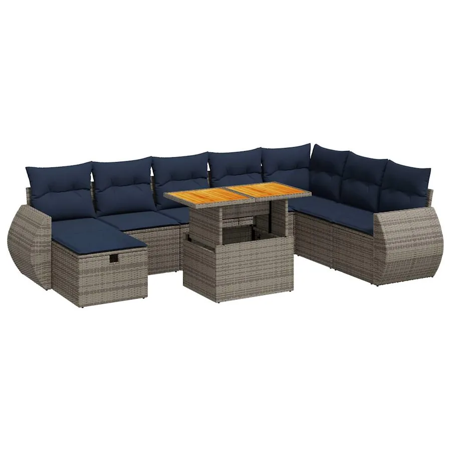 Salon de jardin avec coussins 9 pcs gris résine tressée acacia - 2