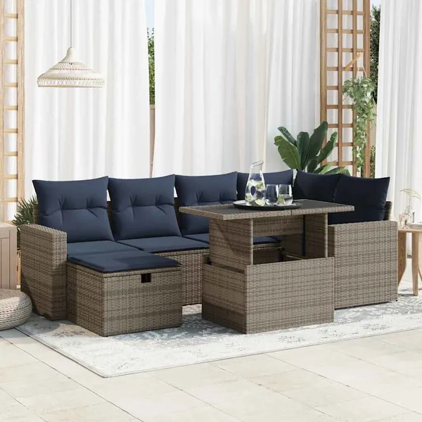 Salon de jardin avec coussins 7pcs gris résine tressée acacia