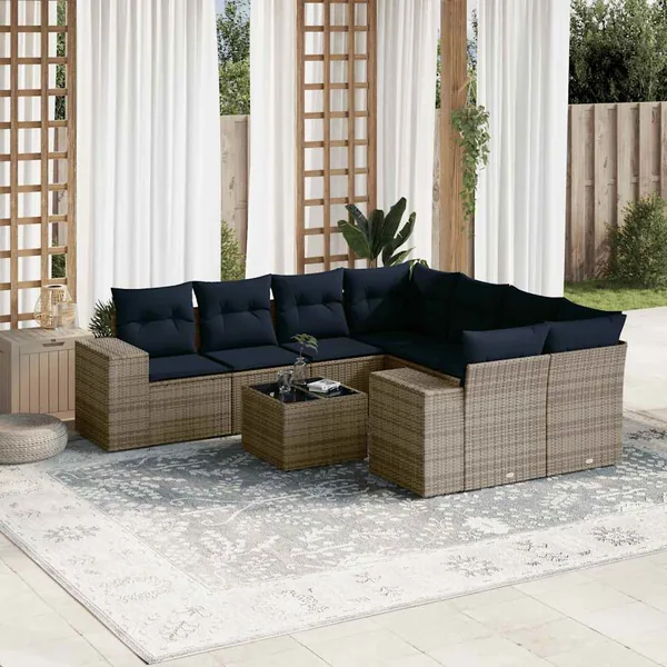 Ensemble de canapé de jardin 9 pcs avec coussins gris résine tressée