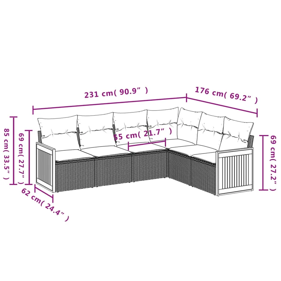Ensemble de canapé de jardin 6 pcs avec coussins gris résine tressée - 7