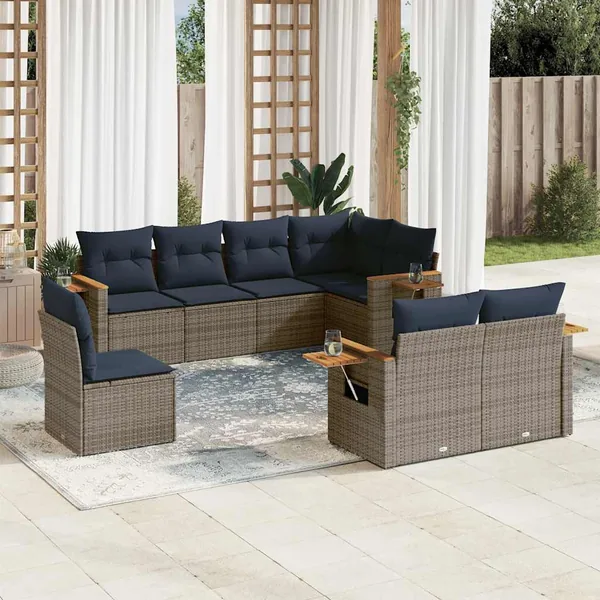 Salon de jardin 8 pcs avec coussins gris résine tressée