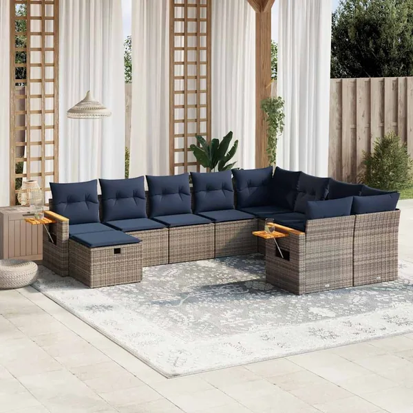 Salon de jardin 10 pcs avec coussins gris résine tressée