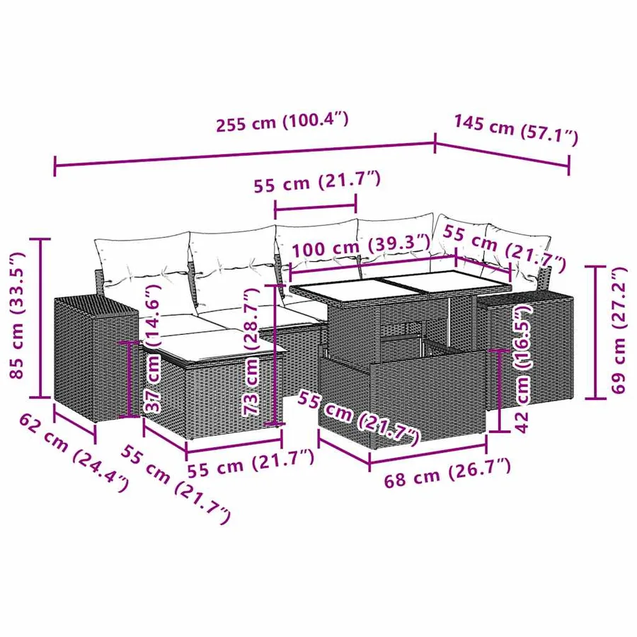 Ensemble de canapé de jardin 7 pcs avec coussins gris résine tressée - 11