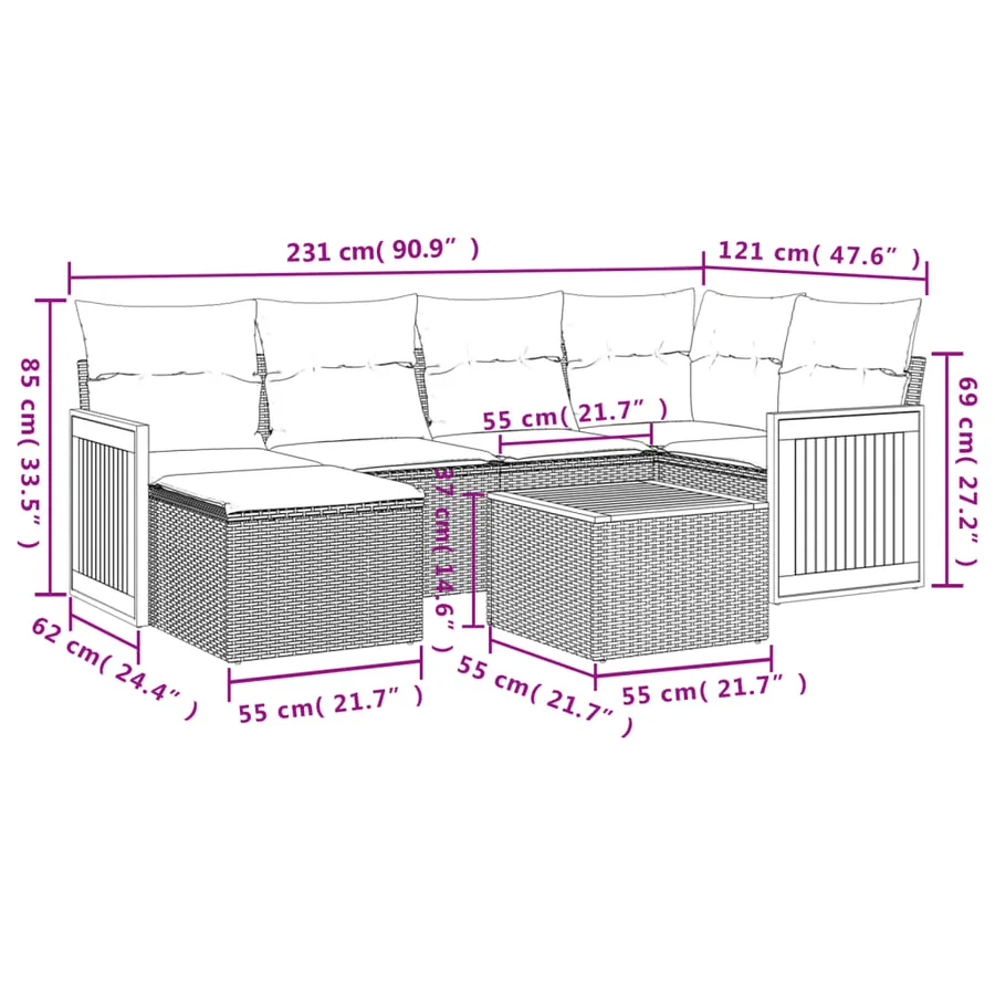 Ensemble de canapé de jardin 7 pcs avec coussins gris résine tressée - 9