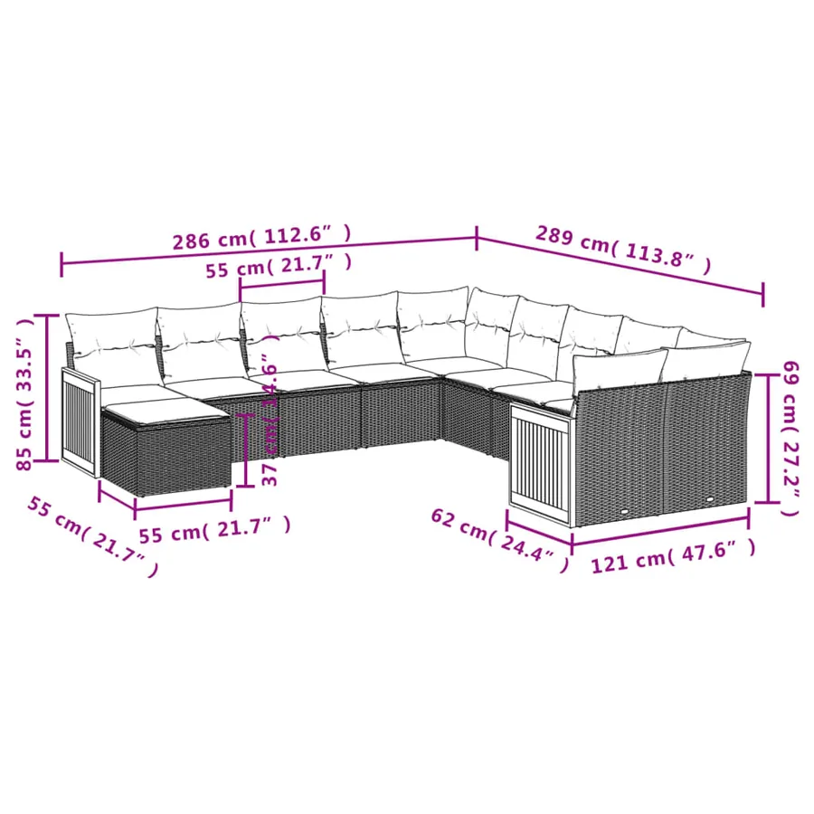 Ensemble de canapé de jardin 11 pcs avec coussins gris résine tressée - 8