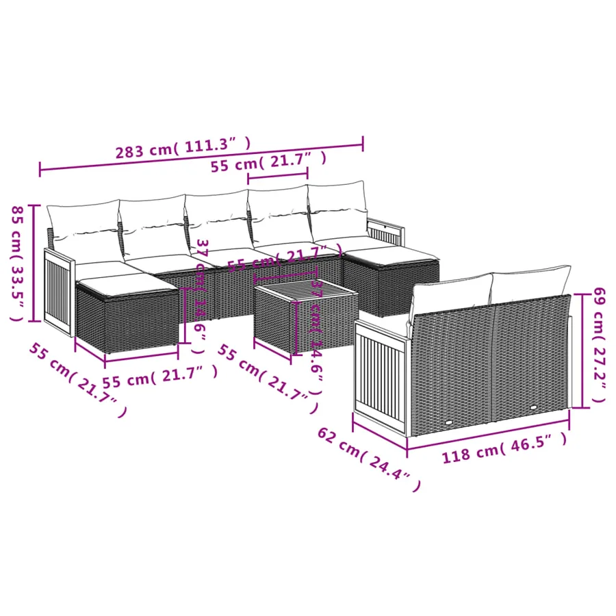 Ensemble de canapé de jardin 10 pcs avec coussins gris résine tressée - 8