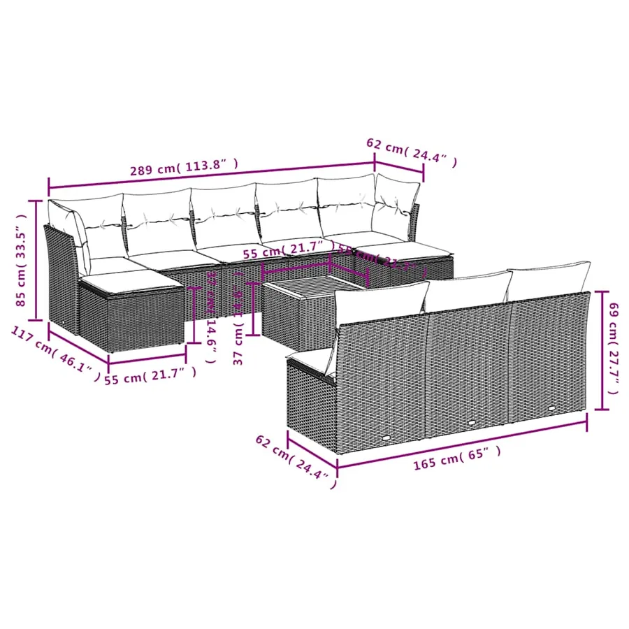 Ensemble de canapé de jardin 11 pcs avec coussins gris résine tressée - 11