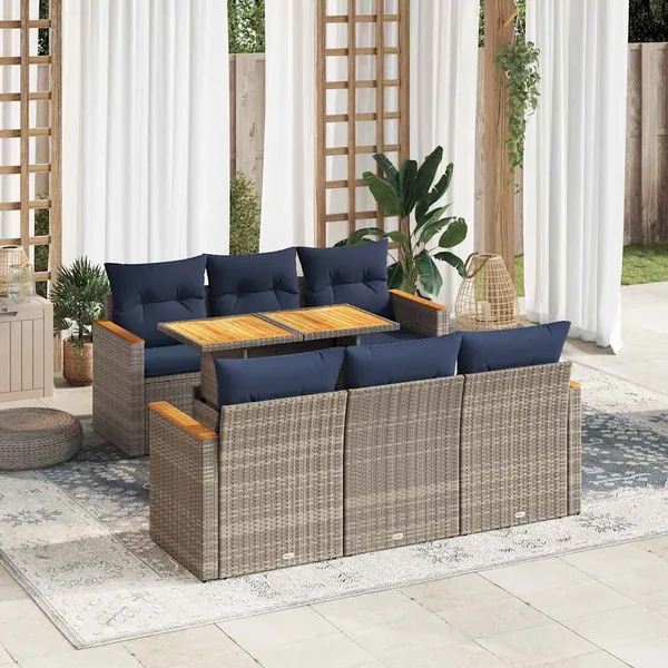Salon de jardin avec coussins 7 pcs gris résine tressée