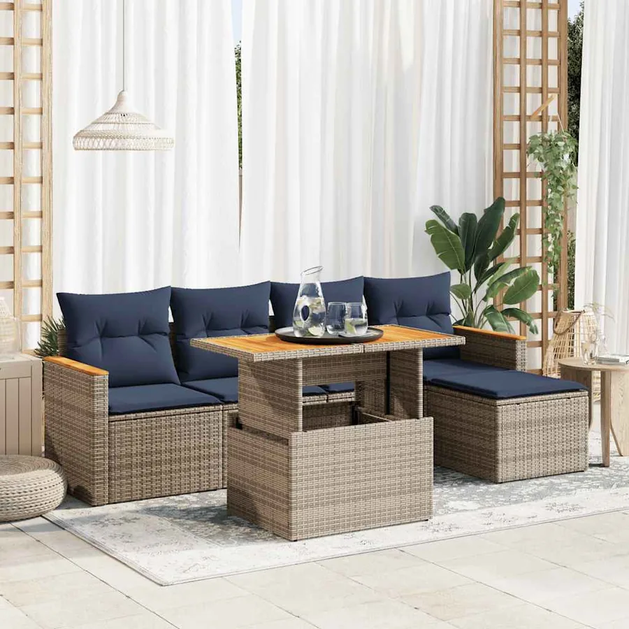 Salon de jardin 6 pcs avec coussins gris résine tressée