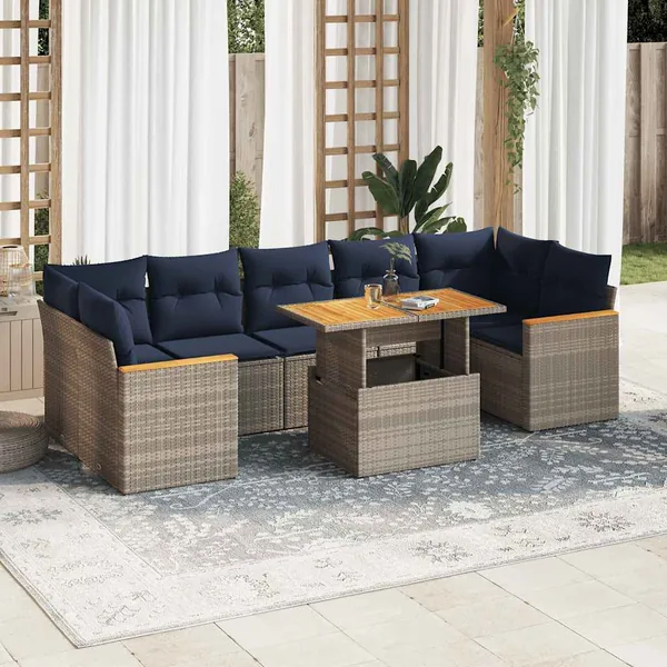 Salon de jardin 8 pcs avec coussins gris résine tressée