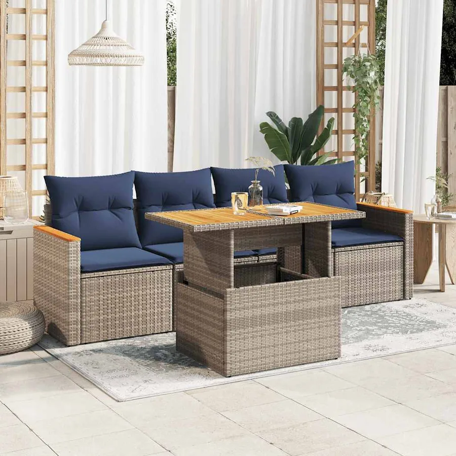 Salon de jardin 5 pcs avec coussins gris résine tressée