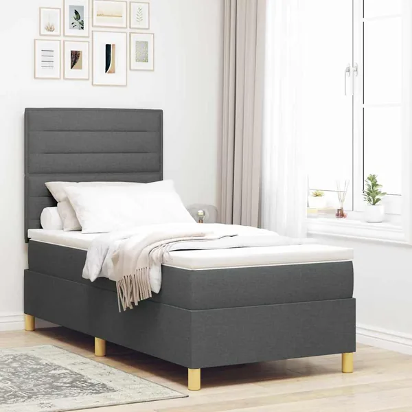 Lit à ressorts avec matelas Gris foncé 80 x 200 cm tissu
