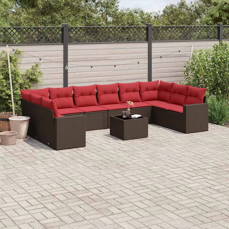 Salon de jardin et coussins 11 pcs marron résine tressée