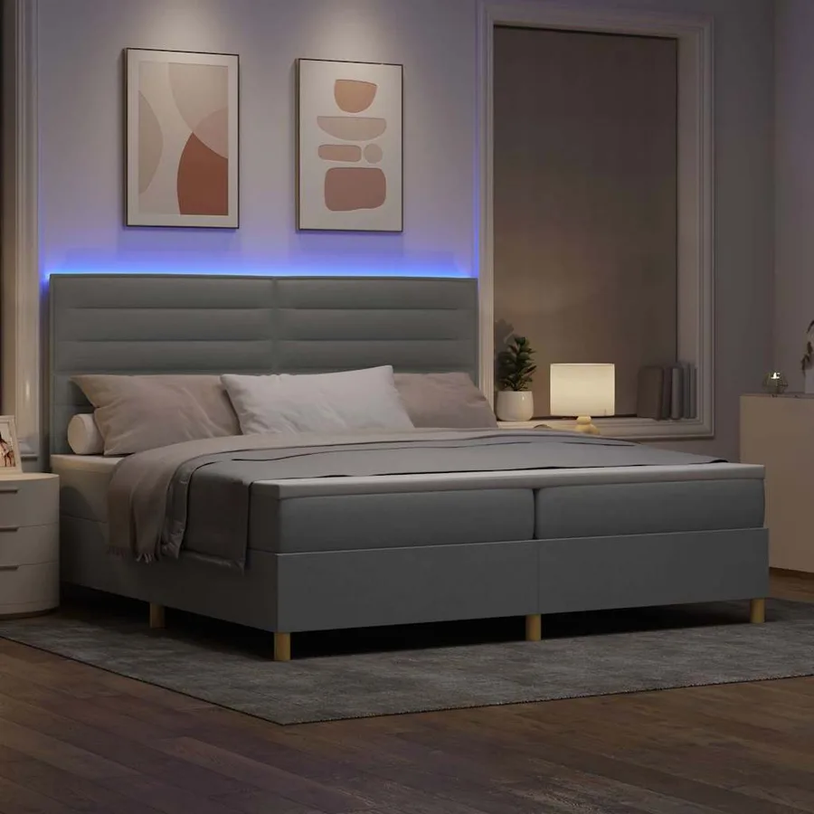 Lit à ressort LED avec matelas Gris clair 200 x 200 cm tissu - 5