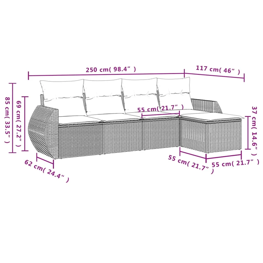 Ensemble de canapé de jardin 5 pcs avec coussins marron résine tressée - 7