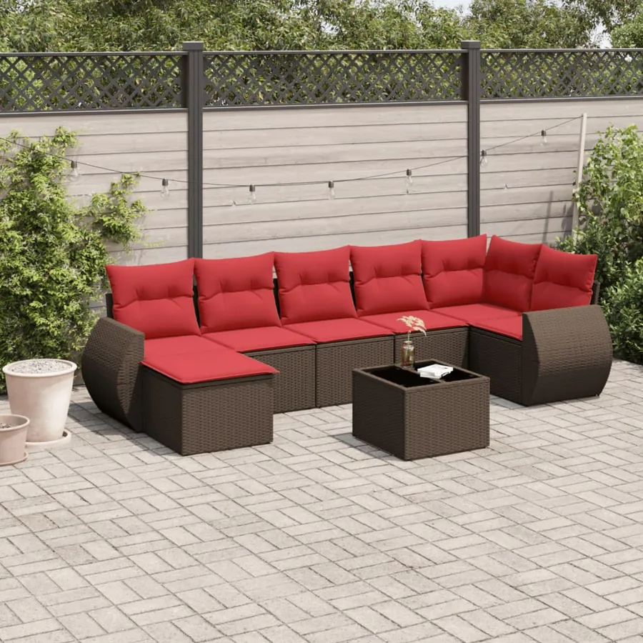 Ensemble de canapé de jardin 8 pcs avec coussins marron résine tressée