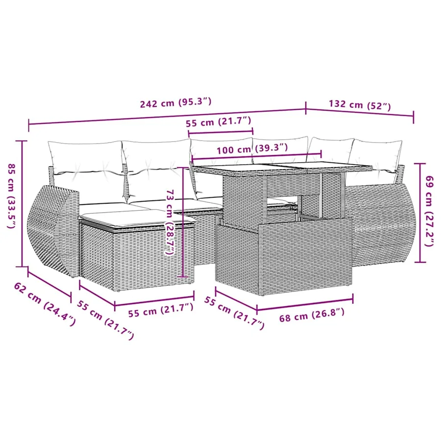 Ensemble de canapé de jardin 7 pcs avec coussins marron résine tressée - 11